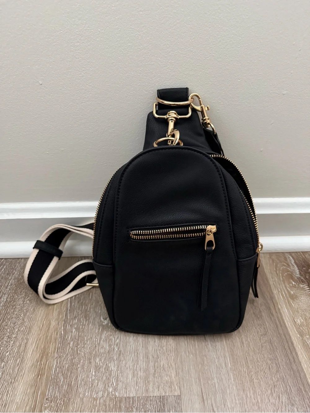 Universal Thread Black Cross Body Bag with Gold Hardware and Striped Strap